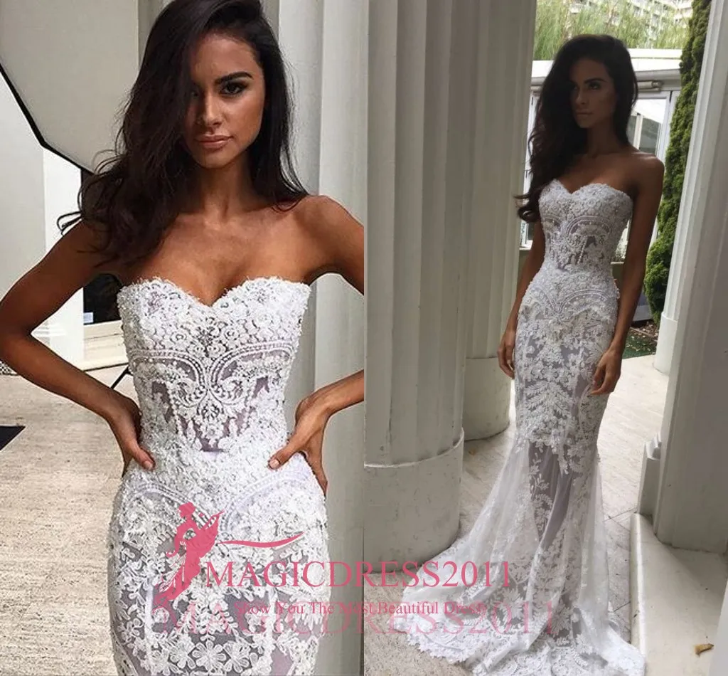 Dramatic White Mermaid Wedding Dresses Heavy Embellishment Bridal Dress Full Lace Applique Backless Illusion Bodice Wedding Gowns 2010