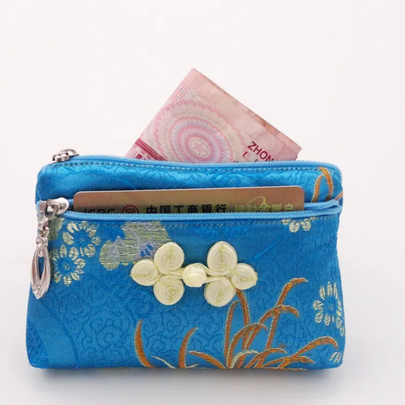 Kinesisk knutskiktad dubbel dragkedja presentväska resesmycken förvaringspåse silkes brokad pengar ficka mynt handväska korthållare