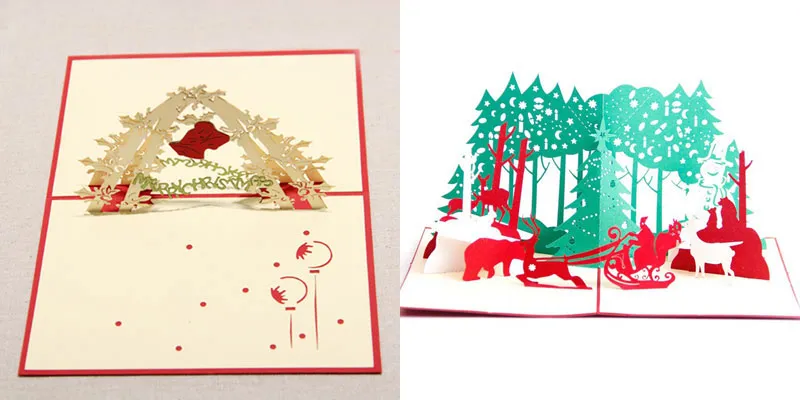 16 stijlen / loten 3D-pop-up vrolijke kerst serie handgemaakte wenskaarten xmas boom geschenken ansichtkaarten feestelijke feestartikelen