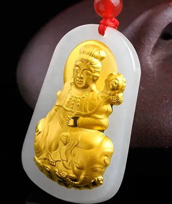 Mit Gold eingelegter Jade-Samantabhadra-Bodhisattva (Beschützer). Talisman-Halskettenanhänger.