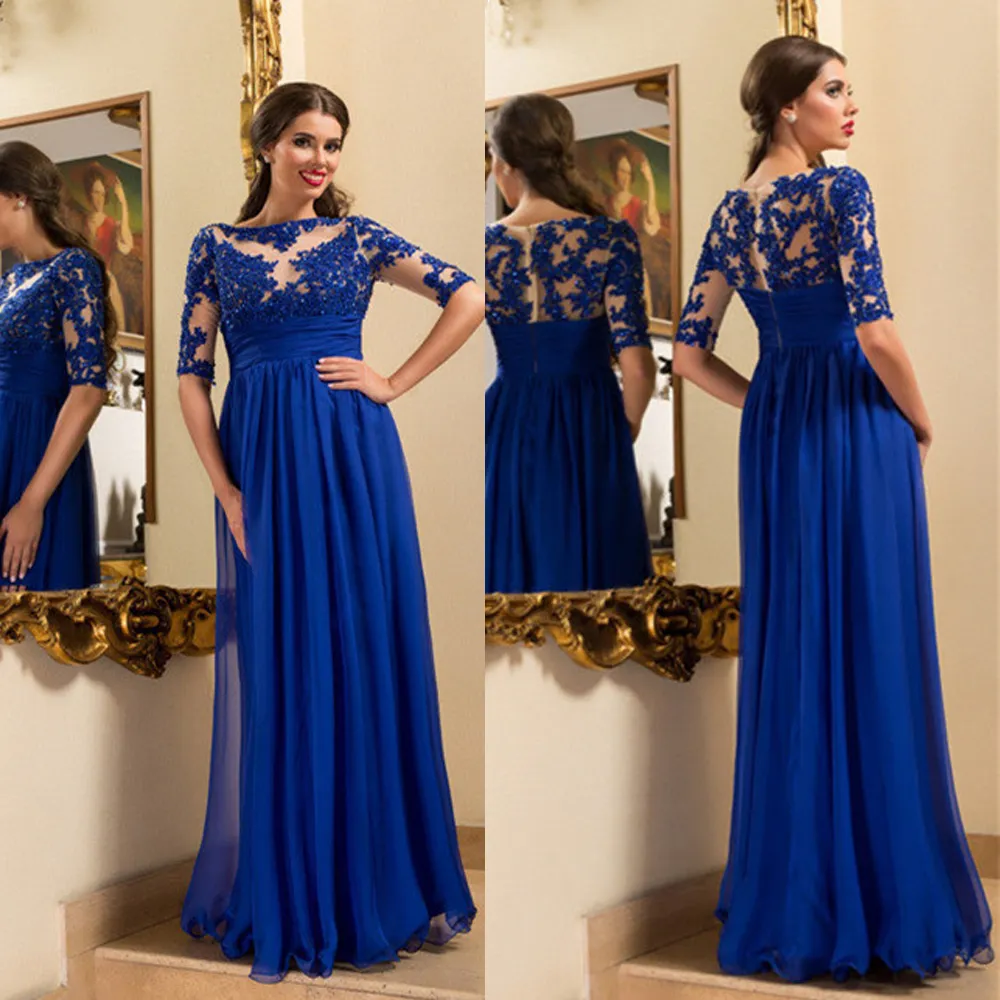 Modern Lace Appliques Chiffon Evening Dress 2019 Royal Blue A-line Half Sleeves Long Prom Dress vestido longo formatura