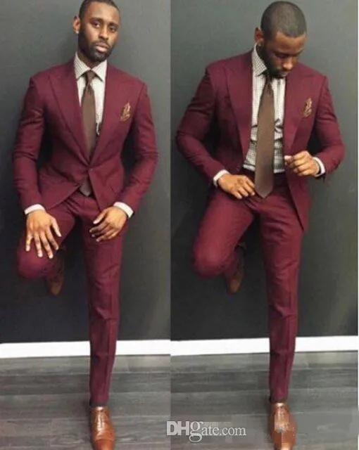 2 Parça Erkekler Kırmızı Şarap Düğün Suits Erkekler Için En Kaliteli Slim Fit Damat Resmi Giyim
