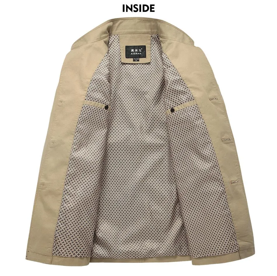 Aierma Men Solid Trench Coat Mandarin Collarファッションメンズオーバーコートスリムフィットブランド服カジュアルコットンジャケット