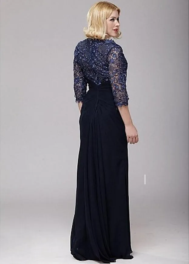 Hot Drilling Sheath V-neck A-line Lace and Chiffon Mother of the Bride Dress 3/4 Sleeve Floor Length Mother's Dresses