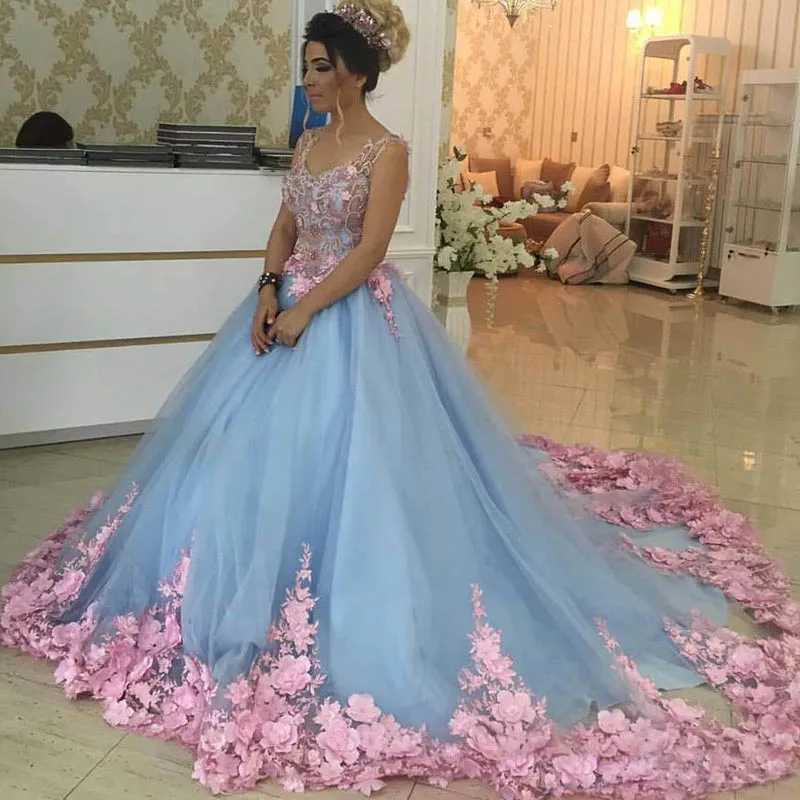 رائع فساتين quinceanera 3D يزين الزهور بلا أكمام الحلو 16 فساتين الكرة ثوب حفلة موسيقية اللباس مخصص