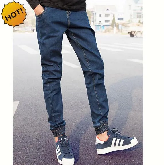 Groothandel 2016 Denim Jeans mannen Cuffed Pen Broek Tieners Elastische Taille Trekkoord Negende Broek Jongens Hip Hop Harembroek 27-34