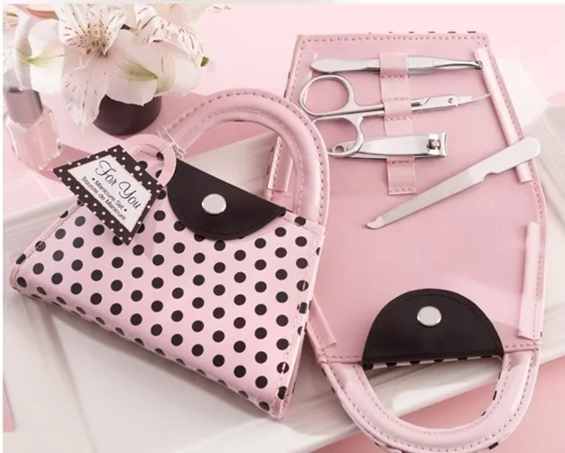 Darmowa Wysyłka Ślub Favors Pink Polka Dot Torebka Manicure Set Bridal Prysznic Prezent Pedicure Zestaw do Gości