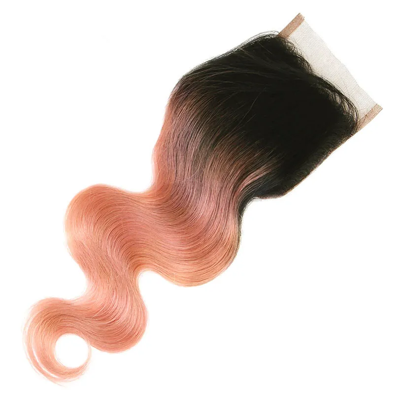 Body Wave 1B / Oro rosa Ombre 4x4 Chiusura superiore in pizzo con intrecci Rosa rosa Ombre Capelli umani vergini indiani 3 Bundles con chiusura in pizzo