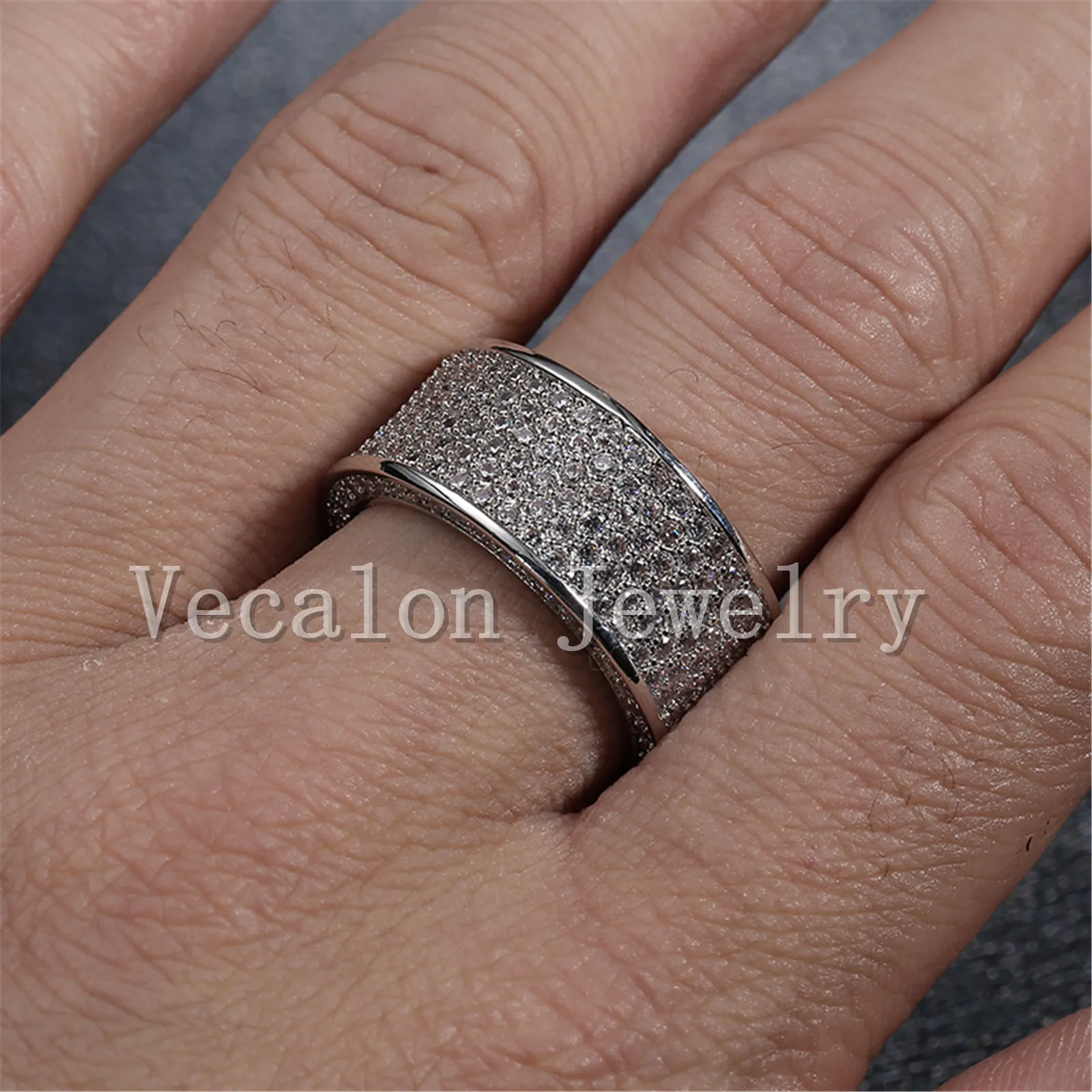 Vecalon Full Simulated diamond Cz Wedding Band Ring for Women 10KT White Gold Filled Female Engagement Band Sz 5-11
