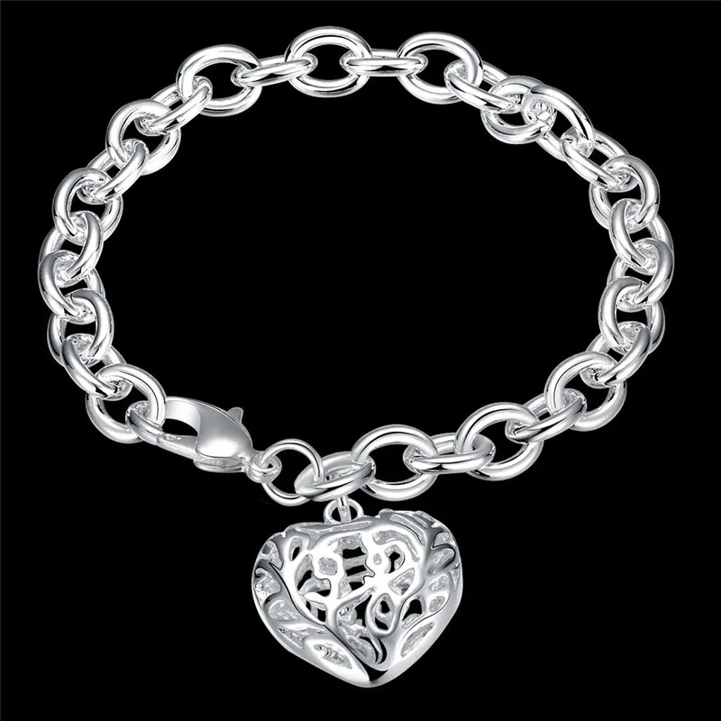Bracelet à breloques coeur creux plaqué 925 bijoux en argent sterling design classique femme vente cadeau de Noël en gros livraison gratuite