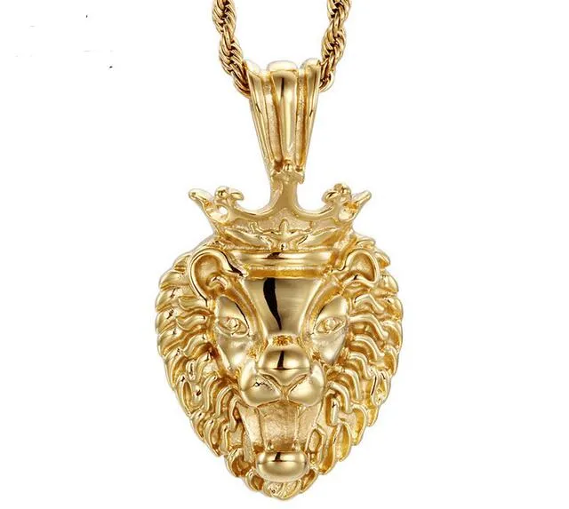 Classical Design Men's Best Jewelry Gift Large 316L Stainless steel Biker Gold Crown Lion Head Pendants Necklace XMAS Gifts