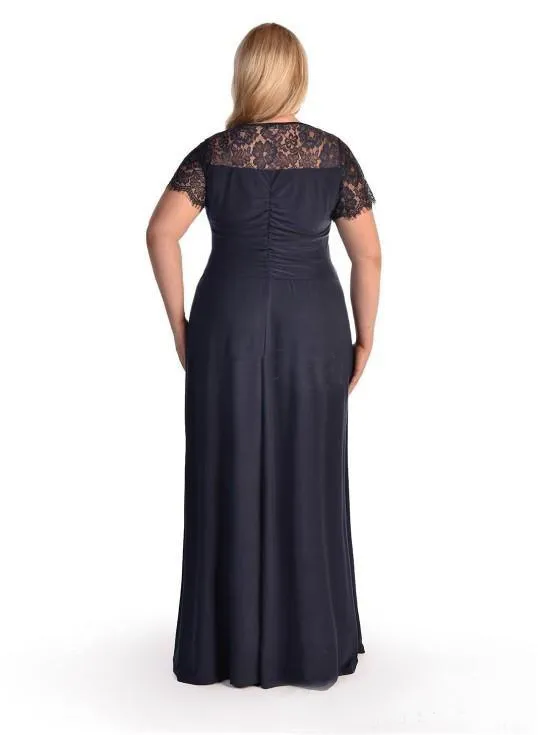 Plus Size Women Evening Dresses 2019 Latest Dark Navy Chiffon And Lace ...