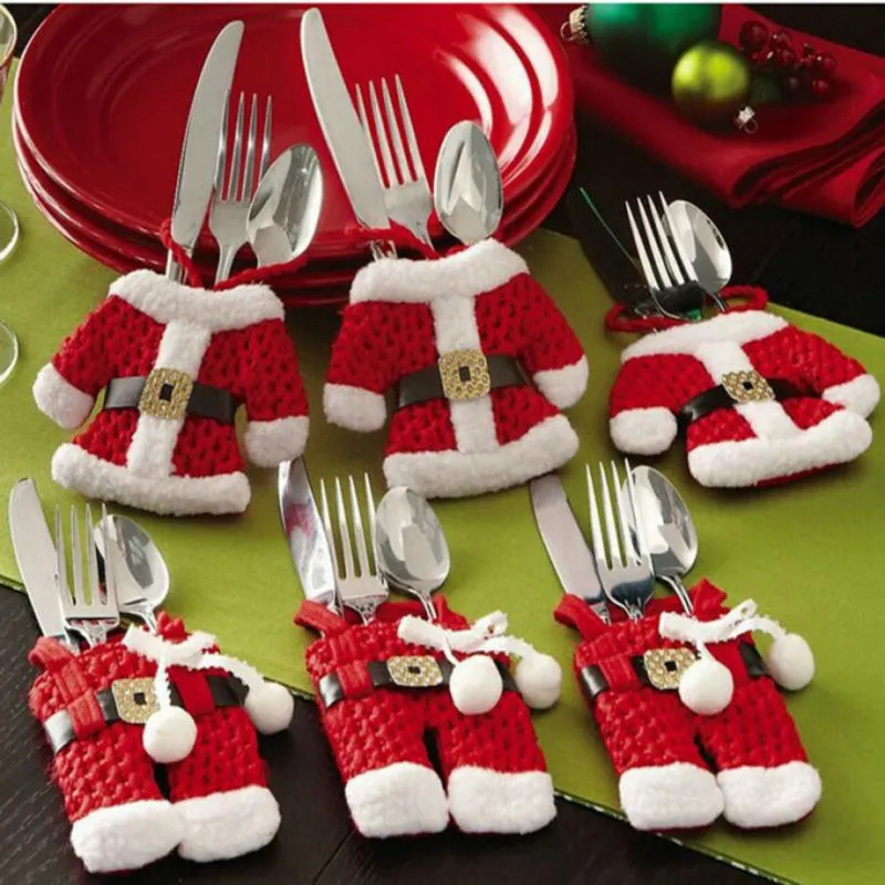 2pcs/مجموعة زخرفة عيد الميلاد للمنزل Silverware Holder Santa Metal Belt Pockets Kinife Konife Fork Absers