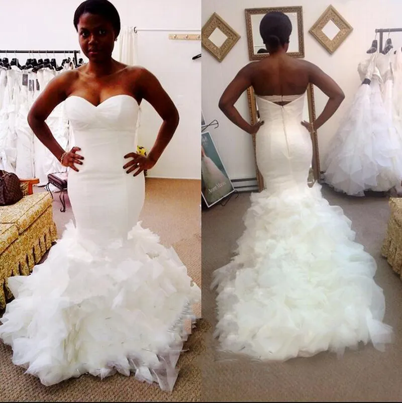 2017 neue plus Größe nigerianische Meerjungfrau Brautkleider online Hochzeit Kleider Rüschen Zug Eisen Mantel Brautkleider für Braut Kleid Vestidos