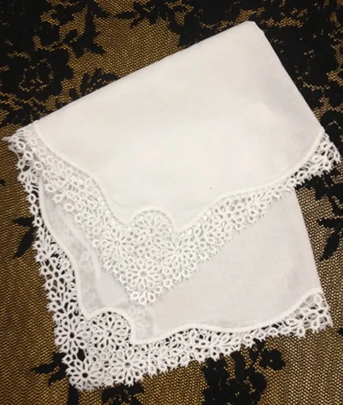 Uppsättning av 12 hemtextil vita damer näsduk 12 tum broderade virkade spets kanter hankies hanky för brudgåvor