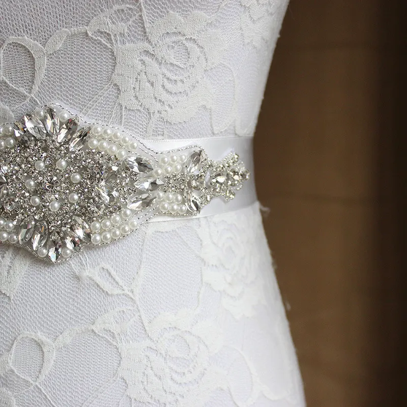 Champagne Pearl Bridal Sash Belts Handmade Crystals Women Belts Rhinestones Wedding Belt Crystal Satin Tie Back Drop-water Large Rhinestone