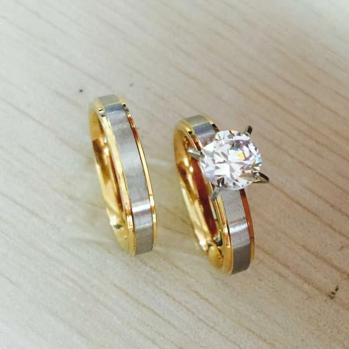 4mm titanium Steel CZ diamond Korean Couple Rings Set for Men Women Engagement Lovers, his and hers promise,2 tone gold silver