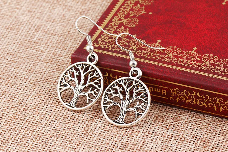 Antique Silver Tree Of Life Charm Earrings 925 Silver Fish Ear Hook Chandelier