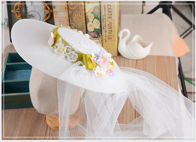 Elegant White Lace Wedding Hat with Veil cream flowers OS French Style White Satin Fedoras Elegant Flower Bowknot  main image 3