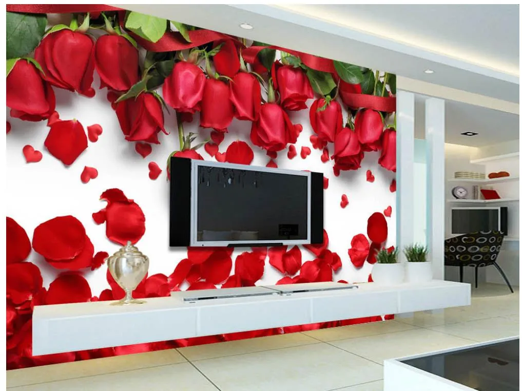 3D Wandmalereien Tapeten Schöne romantische Liebe rote Rose Blütenblatt TV Hintergrund Wand 3d Natur Tapeten
