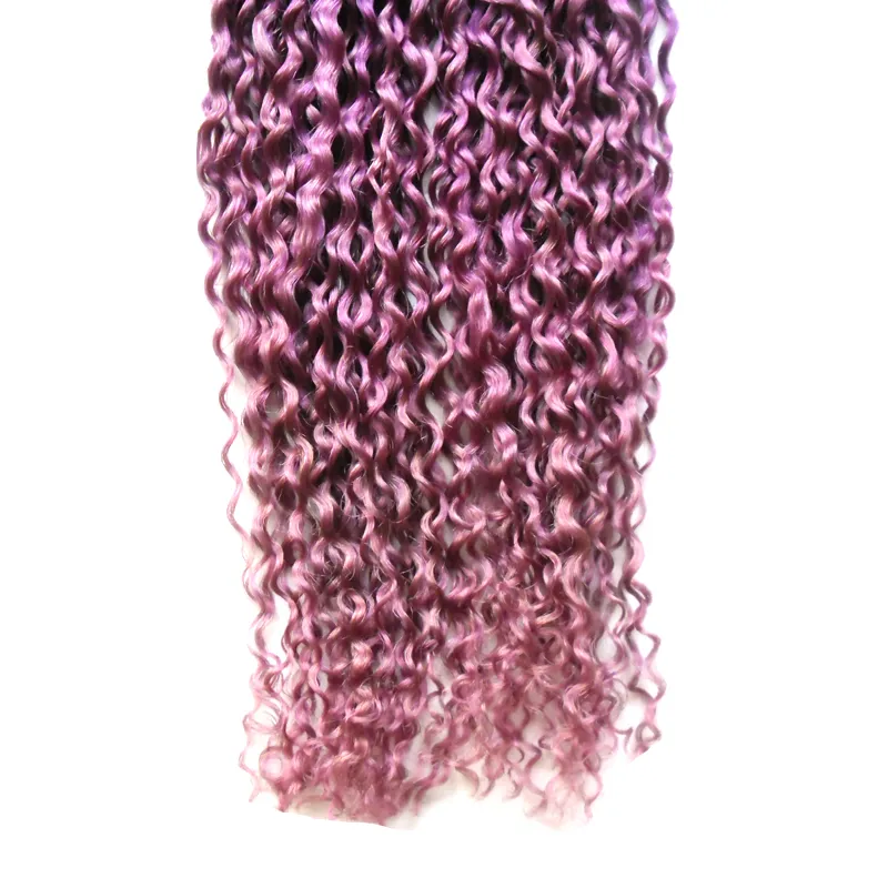 Couleur Violet / Rose ombre brésilienne cheveux Kinky Bouclés Vierge Cheveux Peau Trame 100g Bande Dans Les Extensions de Cheveux Humains