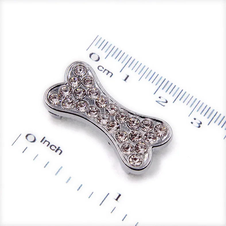 Partihandel Rhinestone Dog Bone Zink Alloy 10mm Slider Charms DIY Tillbehör Passa 10mm Pet Collar Wristband Sl508