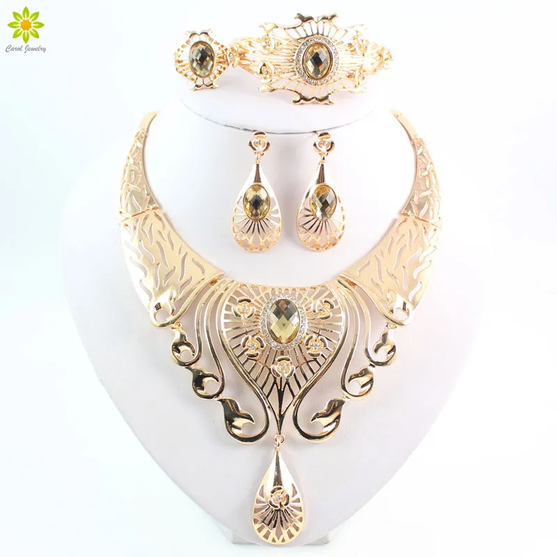 Women Charming 18K Gold Plated African Costume Jewelry Sets Nigerian Dubai Wedding Hollow Patterns Jewelry Set