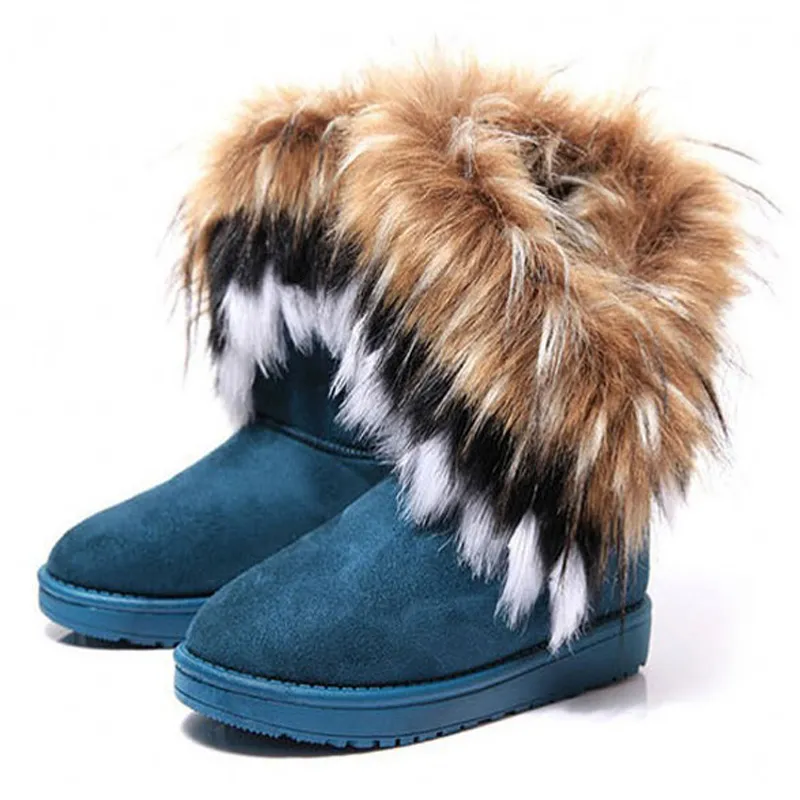 Fashion Fox Fur Warm Autumn Winter Wedges Snow Women Boots Shoes GenuineI Mitation Lady Short Boots Casual Long Snow Shoes B