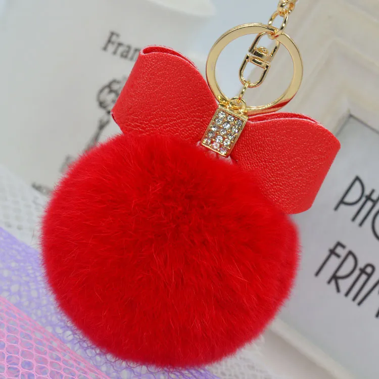 60st Bowknot Fur Pom Keychain Real Rex Rabbit Päls Ball Key Chains Fur Key Ring Key Chain for Bag