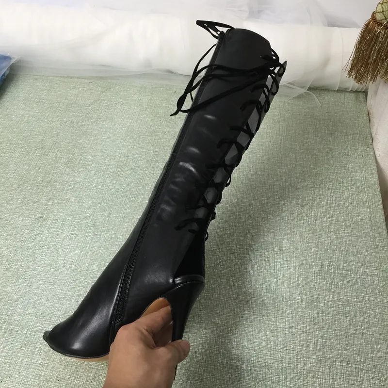 2016 Gerçek Siyah Kadın Çizmeler Lace Up Yumuşak Deri Peep Toe Diz Çizmeler Peep Toe Bayanlar Parti Ayakkabı Seksi Yüksek Ince Topuklu Bayanlar