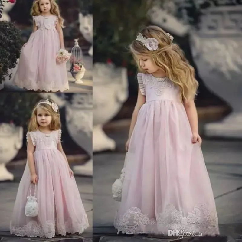 Lovely Blush Pink Flower Girl Dress For Weddings Lace Pageant Gowns With Sash Soft Tulle Dresses For Girls2336