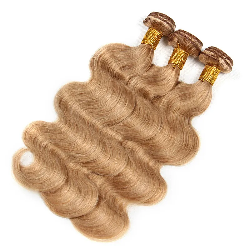 Couleur pure Honey Blonde # 27 Bundles de cheveux humains avec fermeture en dentelle 4x4 Extension de cheveux brésiliens ondulés avec fermeture Blonde fraise