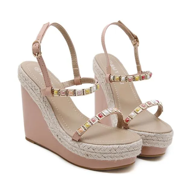 2012 Chic Summer Beige Color Straw Woven Wedge Sandal Platform Heels Pink White Black Beige 2018 Size 34 To 40