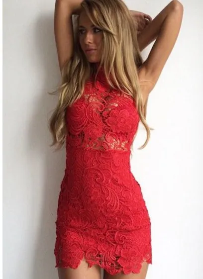 2015020502 New Arrival 2015 Lace Sexy Bodycon Dress High Collar Sleeveless Halter Bandage Dress