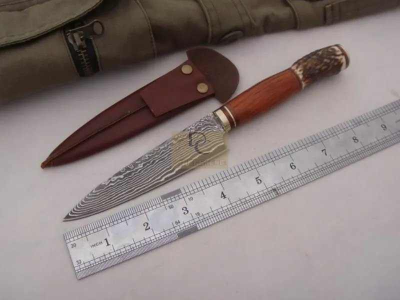 Handgjord klassisk Damaskus Fixd Damascus Blade Kniv Koppar + Antlers Hantera hög kvalitet med lädermantel