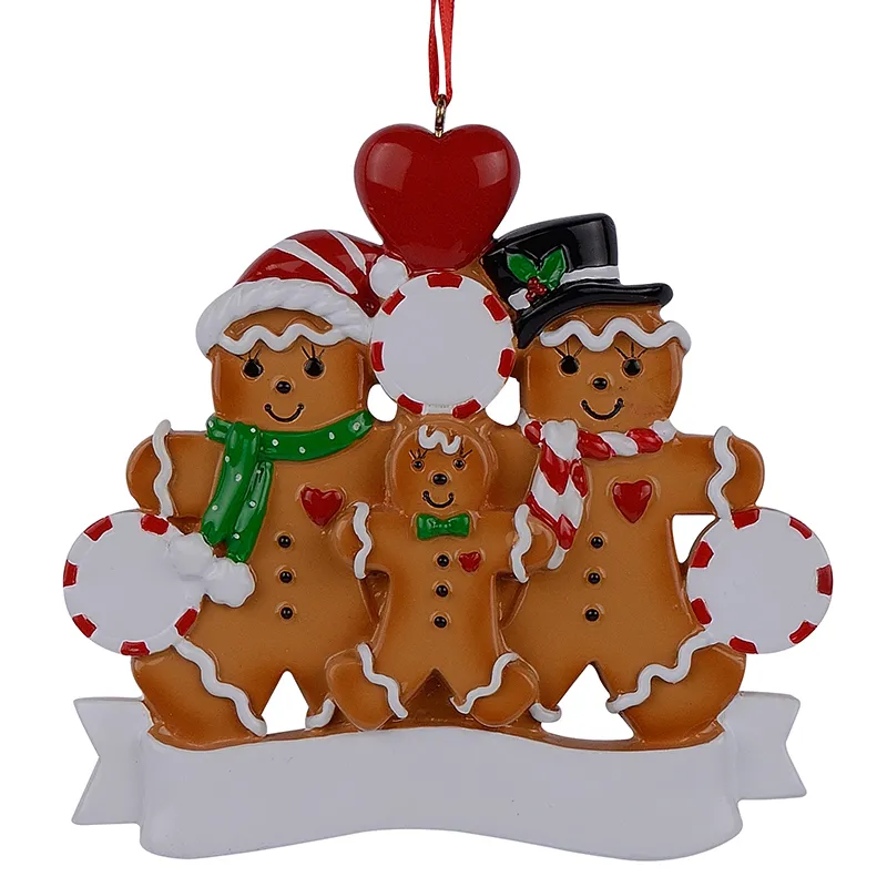 휴가 및 가정 장식을위한 개인화 된 선물로 레드 애플을 가진 3 개의 크리스마스 장식품의 도매 수지 진저 브레드 가족