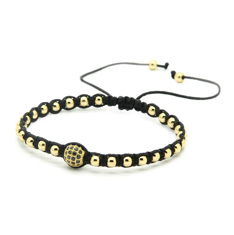 Wholesale High Grade Braiding Macrame Jewelry, 4mm Round Bronze Beads with 8mm Micro Paved Black Zircons Cz Bracelets