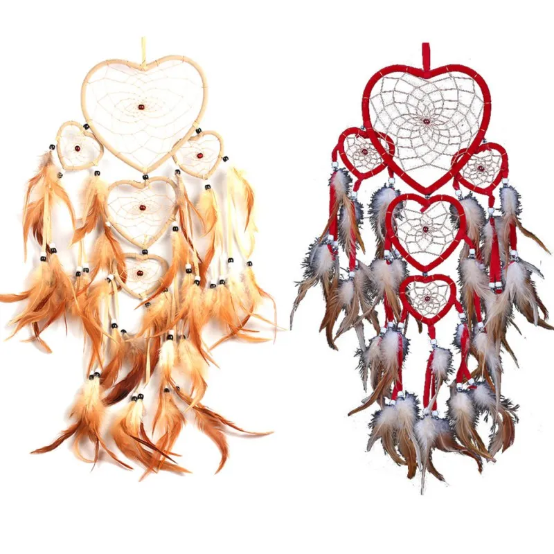 Wholesale-Heart Dream Catcher Brown Red Wall Hängande med Fjäder Bead Ornament Dekoration