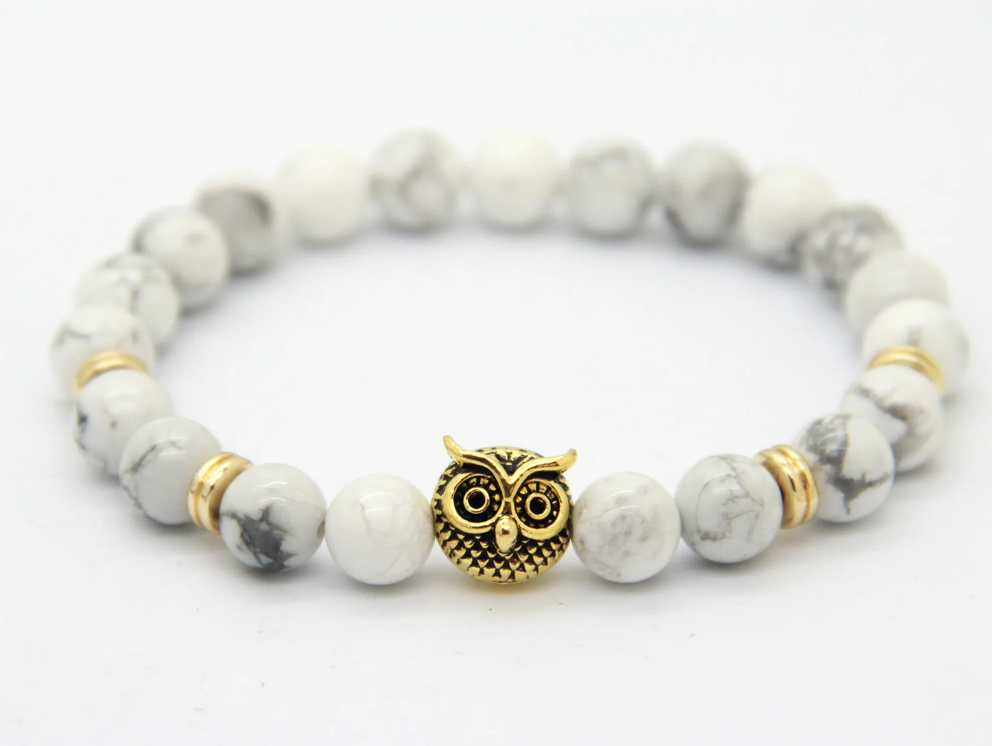 2016 New Design Top Quality 8mm Natural White Howlite Stone Beads Antique Gold Rose Gold Silver Owl Bracelets Exquiste Gifts344M