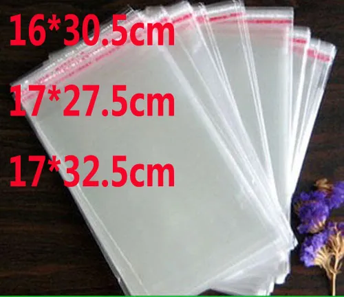 500pcs / lot auto-adhésif joint poly sac opp emballage sacs d'emballage en plastique transparent 16x30.5cm 17x27.5cm 17x32.5cm