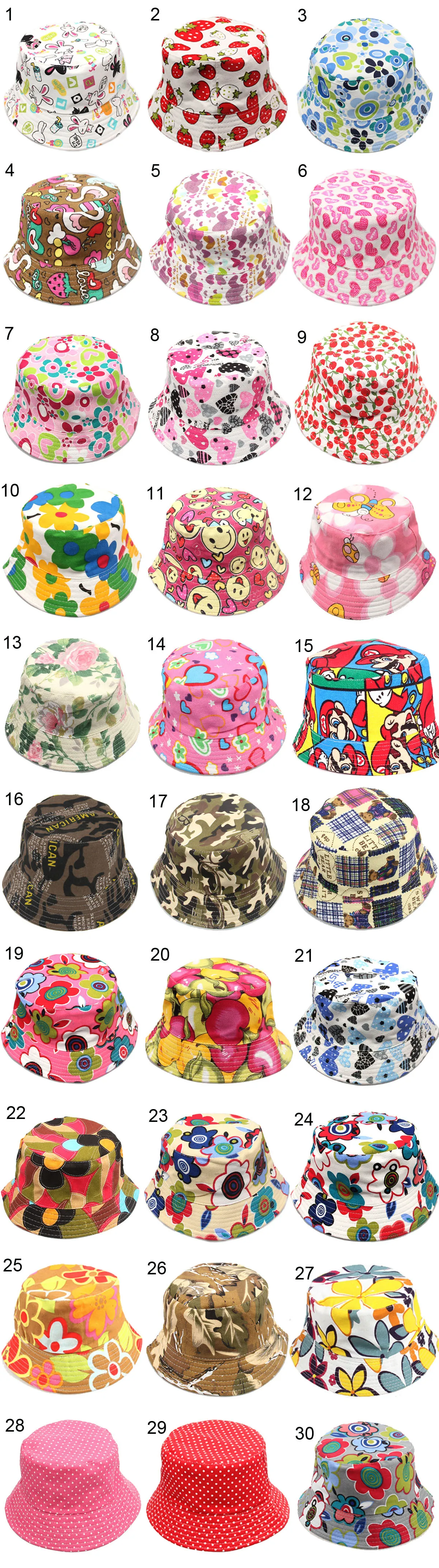 Fashion bucket hats for kids floral strawberry Cherry apple animal printed baby girls boys sunhats infant child toddler caps 30styles H-1