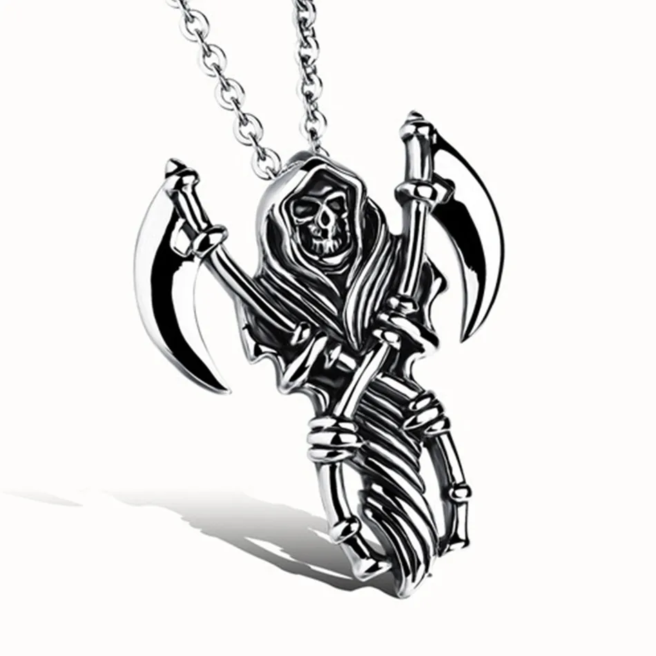 10pcs Fashion Men's Necklace Antique silver Skull Grim Reaper Sickle Charm Pendant For Jewelry Making