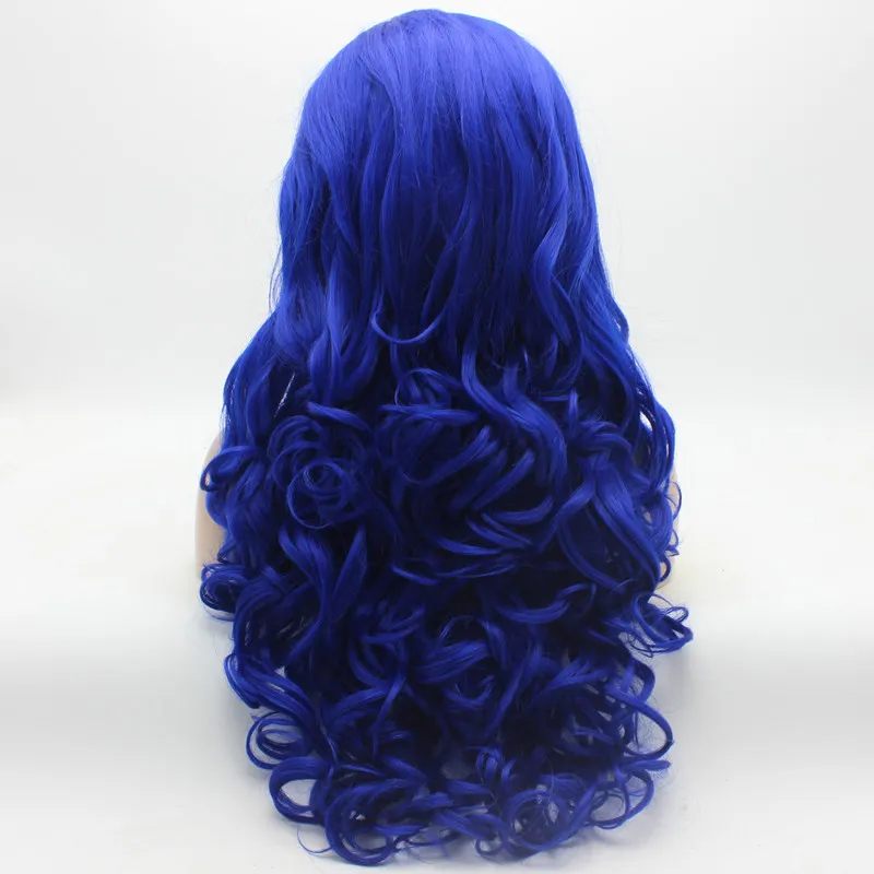 Iwona Cabelo Completo Ondulado Longo Azul Peruca 5 # 3500 Meia Mão Amarrada Resistente Ao Calor Peruca Dianteira Do Laço Sintético