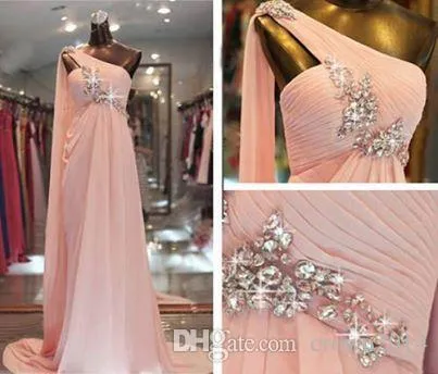 Elegant kralen één schouder roze prom jurken chiffon a-line sweep trein geplooide echte foto avondjurken formele jurken