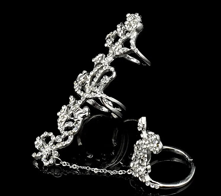 2016 New Gothic Punk Rock Rhinestone Cross Knuckle Joint Armor Long Full Adjustable Finger Rings Gift for women girl Fashion jewelry