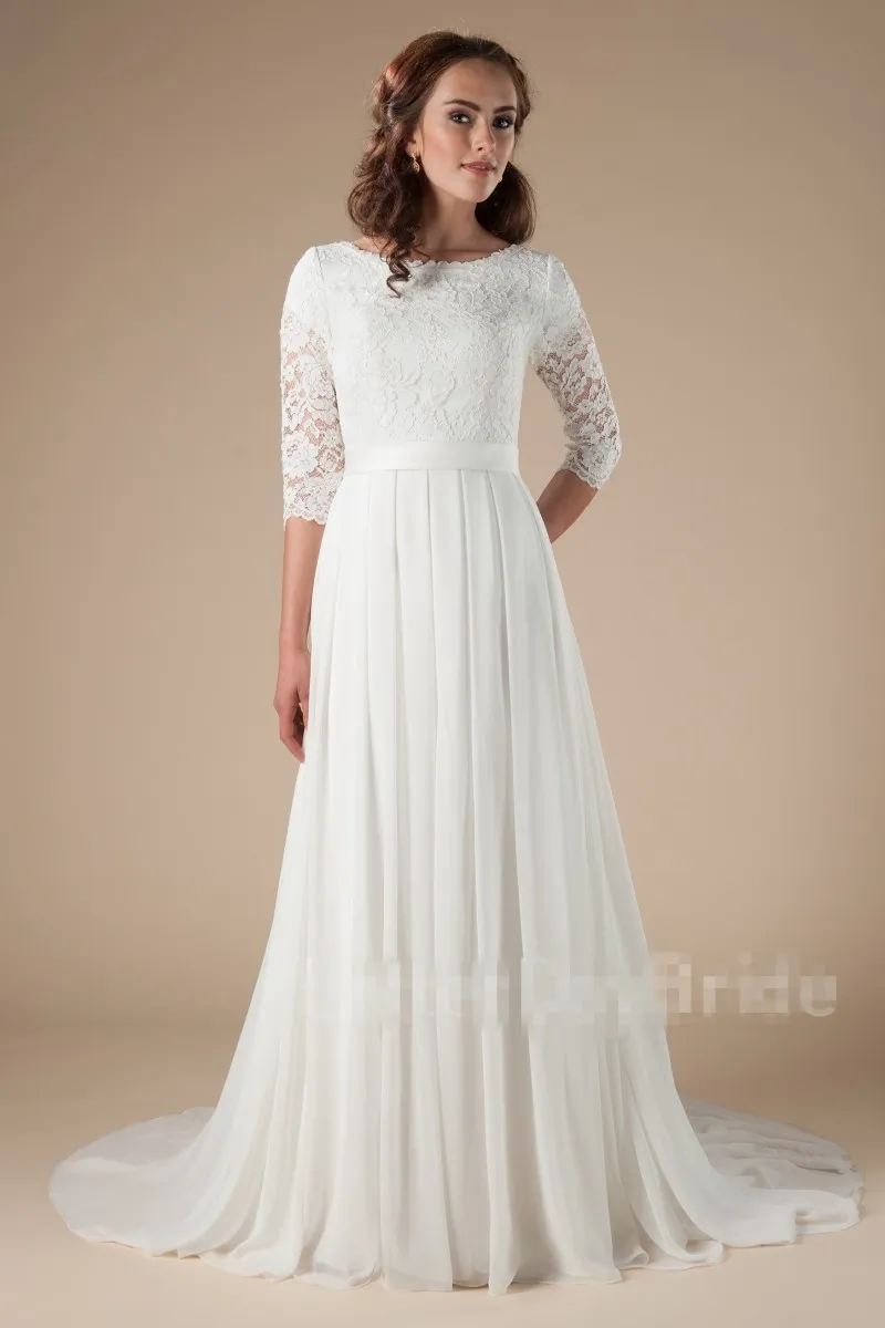 Nouvelle dentelle en mousseline de soie longue robes de mariée modestes avec manches en dentelle réception informelle lDS robes de mariée sur mesure Boho robes de mariée