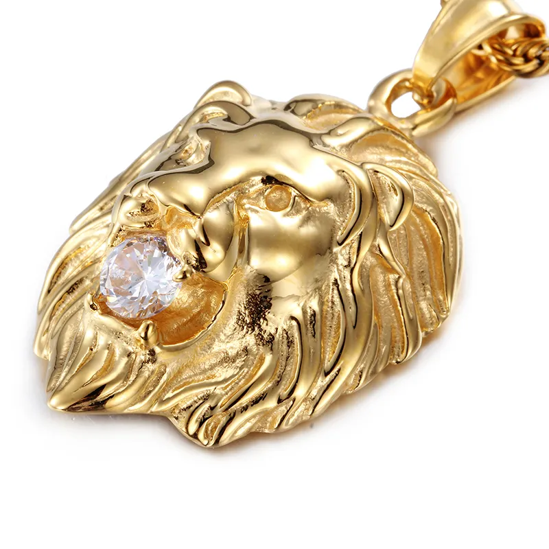 Fashion Jewelry 316L Stainless Steel 18k Gold Plated Lion Head Biker Pendant Charms With White Crystals Stone Free Rope Chain