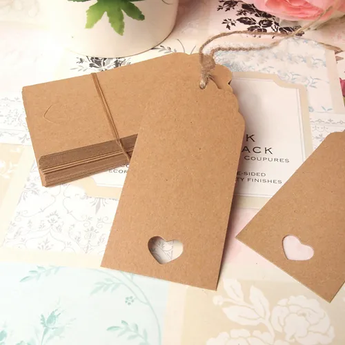 Gratis verzending! 100PS Bruin 9.5cm Rechthoek Kraft Tags met Twine Strings Gunst Gift Tags Wedding Party Favors Supply Gift Cards