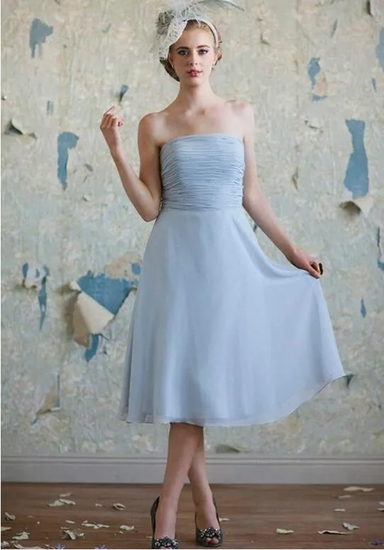 Vacker enkel a-line te-längd pulver blå veck chiffon brudtärna klänning bröllopsfest klänningar skräddarsydda
