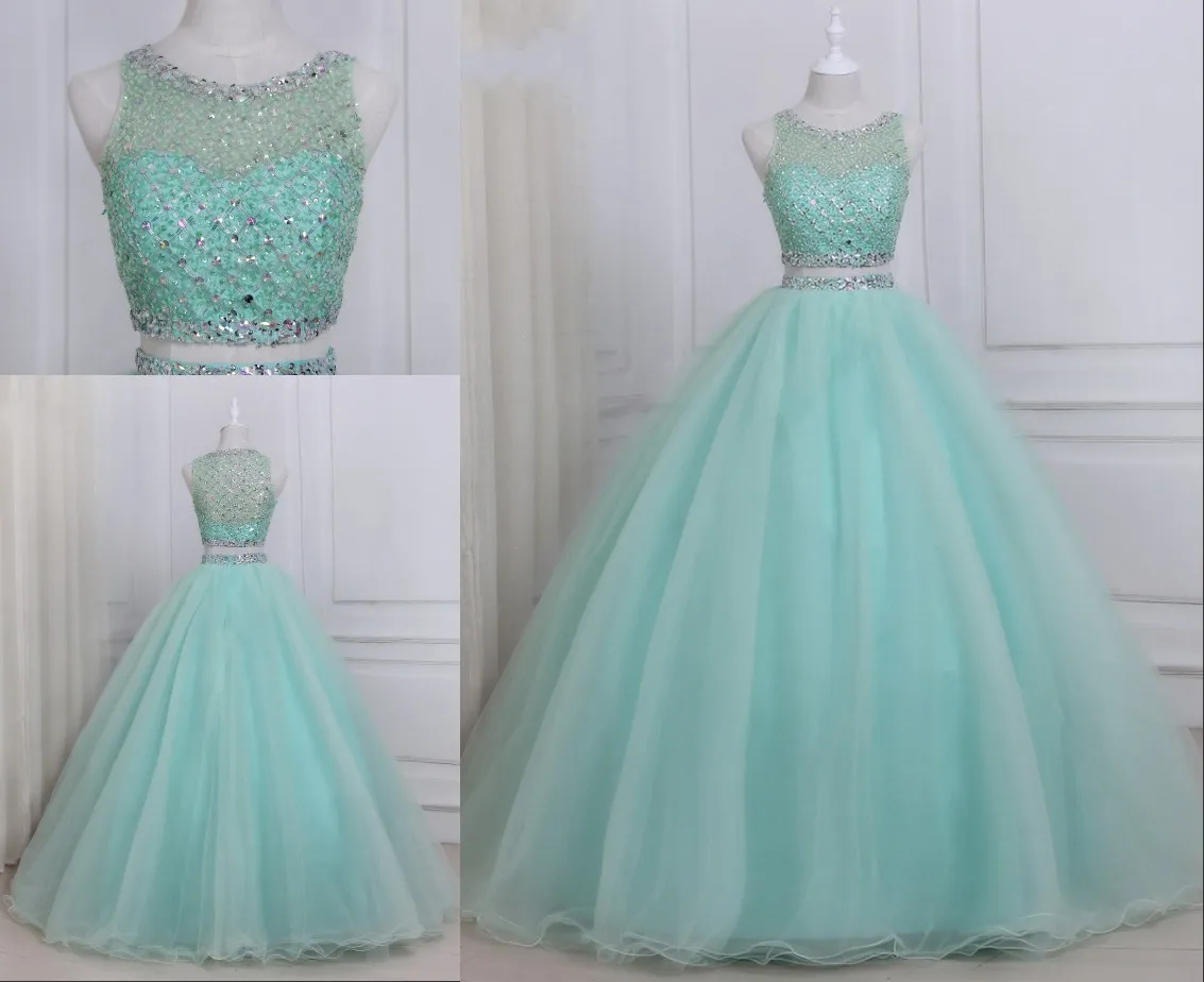 Superbe Mint boule Robes Robes de bal Deux pièces Tulle luxe strass perles à dos creux Jewel Sheer manches longues col robe de soirée Robes de soirée